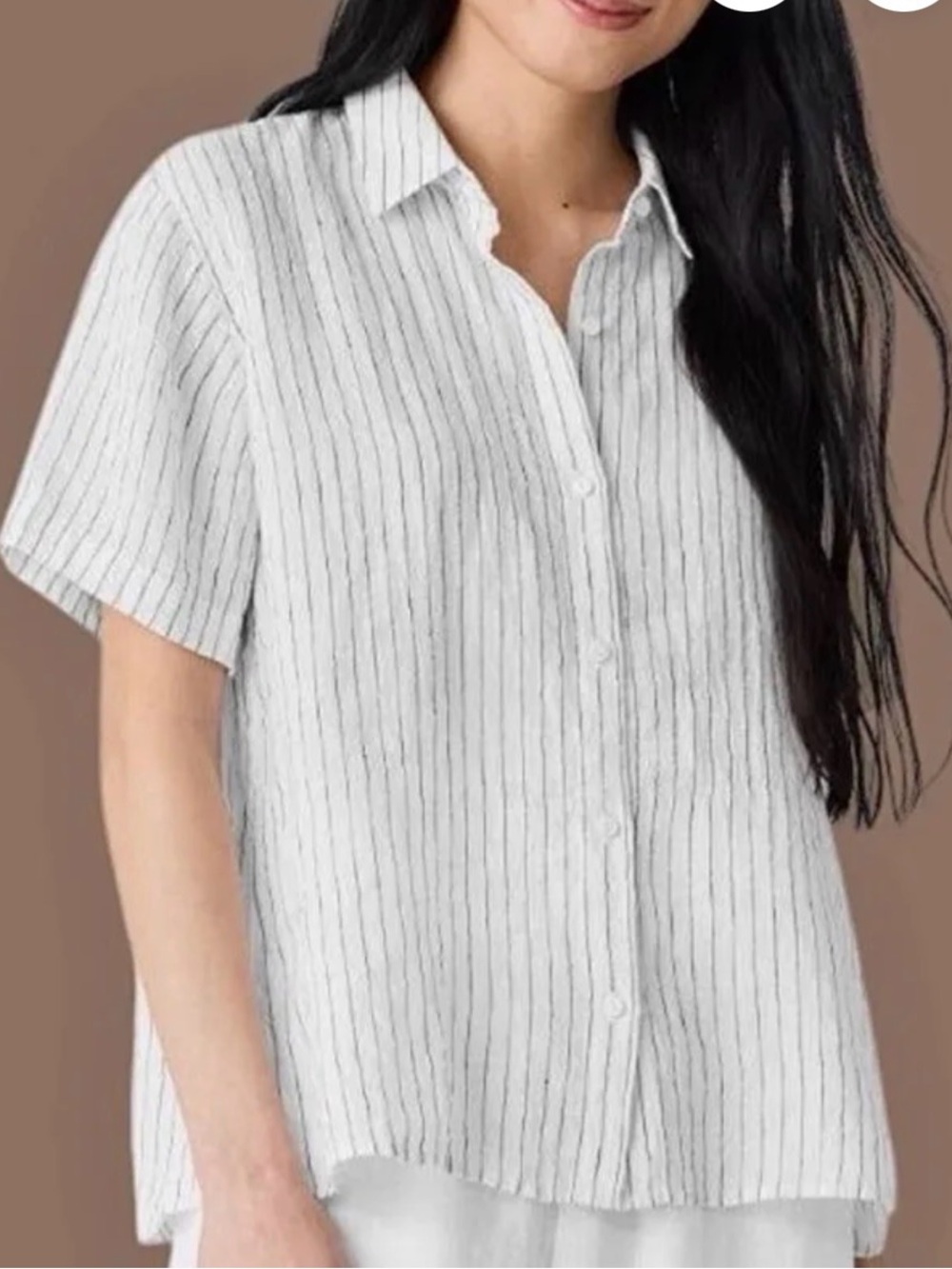 Eileen Fisher White Short-Sleeve Pinstripe Button-Down Shirt